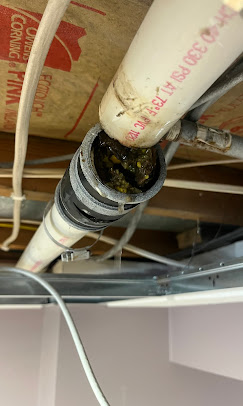 Blocked drain pipe joint showing buildup — before cleaning and repair