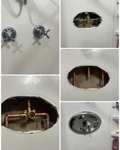 Shower valve replacement — before and after with new copper rough-in